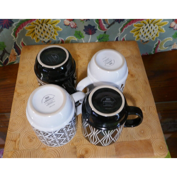 Boston Warehouse 4 Stackable Coffee Tea Mugs Cups Black White Geometric Pattern - Picture 12 of 16